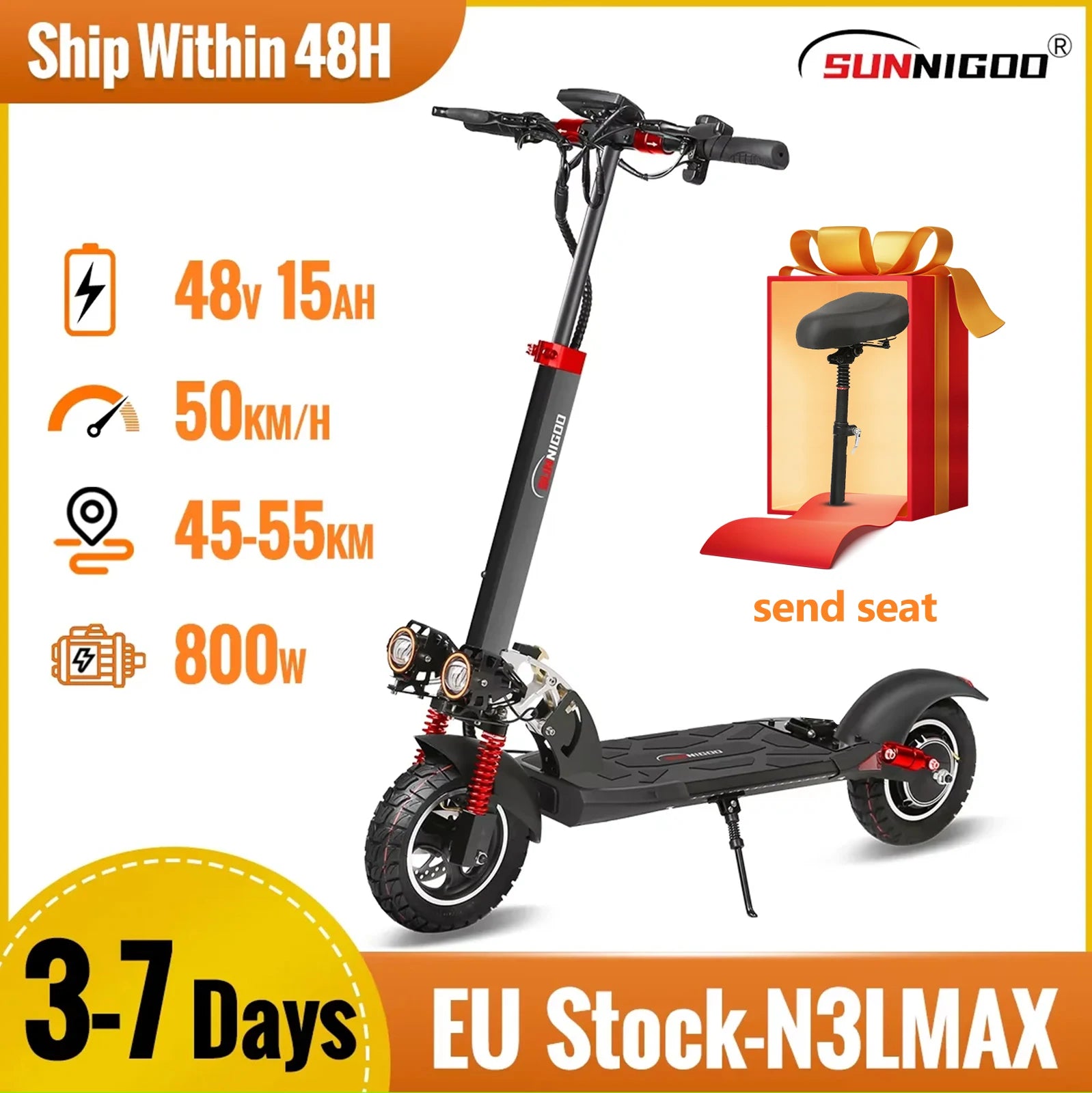 800W Powerful Electric Scooter 48V 15Ah Max Speed 50km/h 50km Range 10'' Tires Dual Shock Absorbing Folding EScooter for Adults