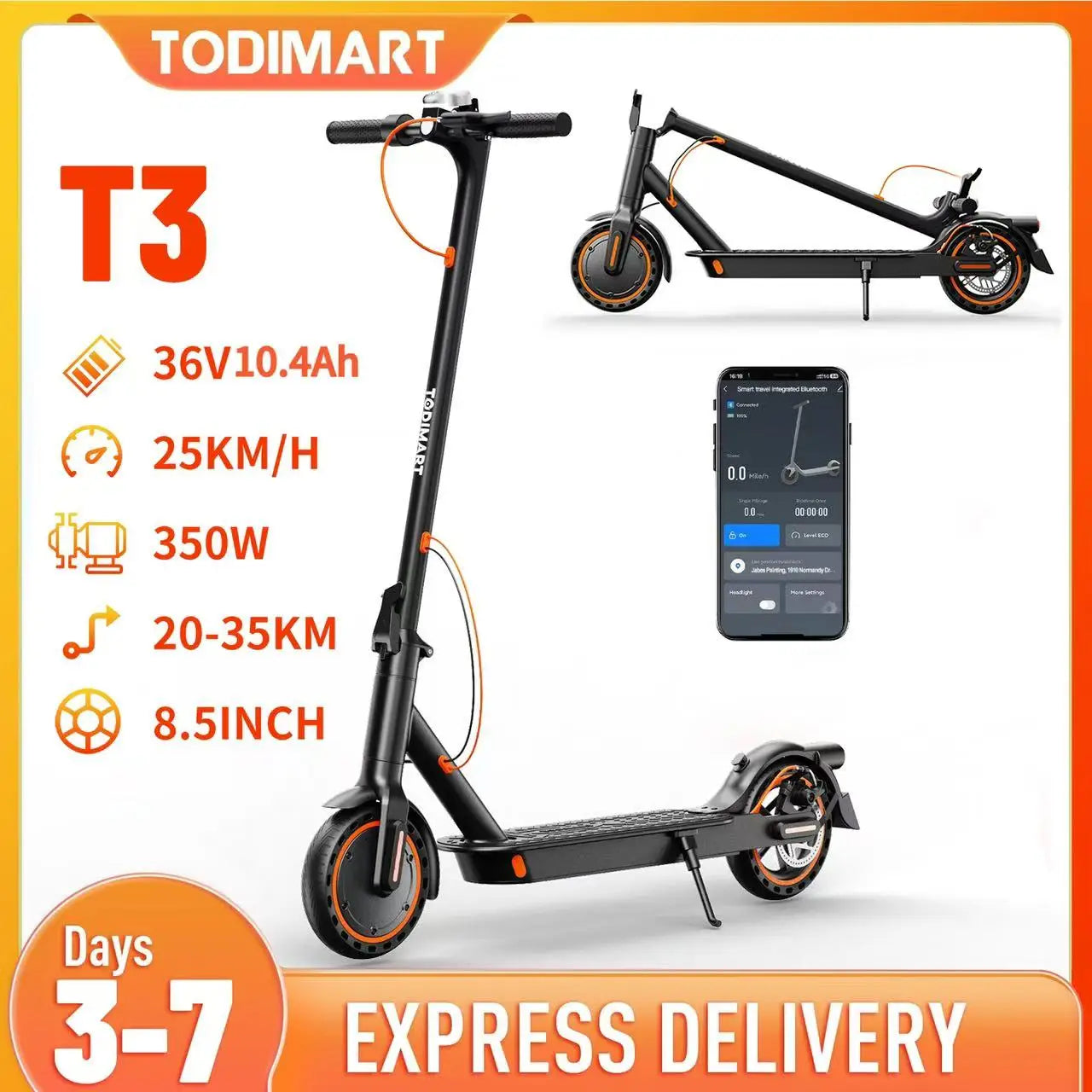 Adult TODIMART T3 electric scoot 350W engine powerful 36V 10.4AH 20-30KM lightweight APP