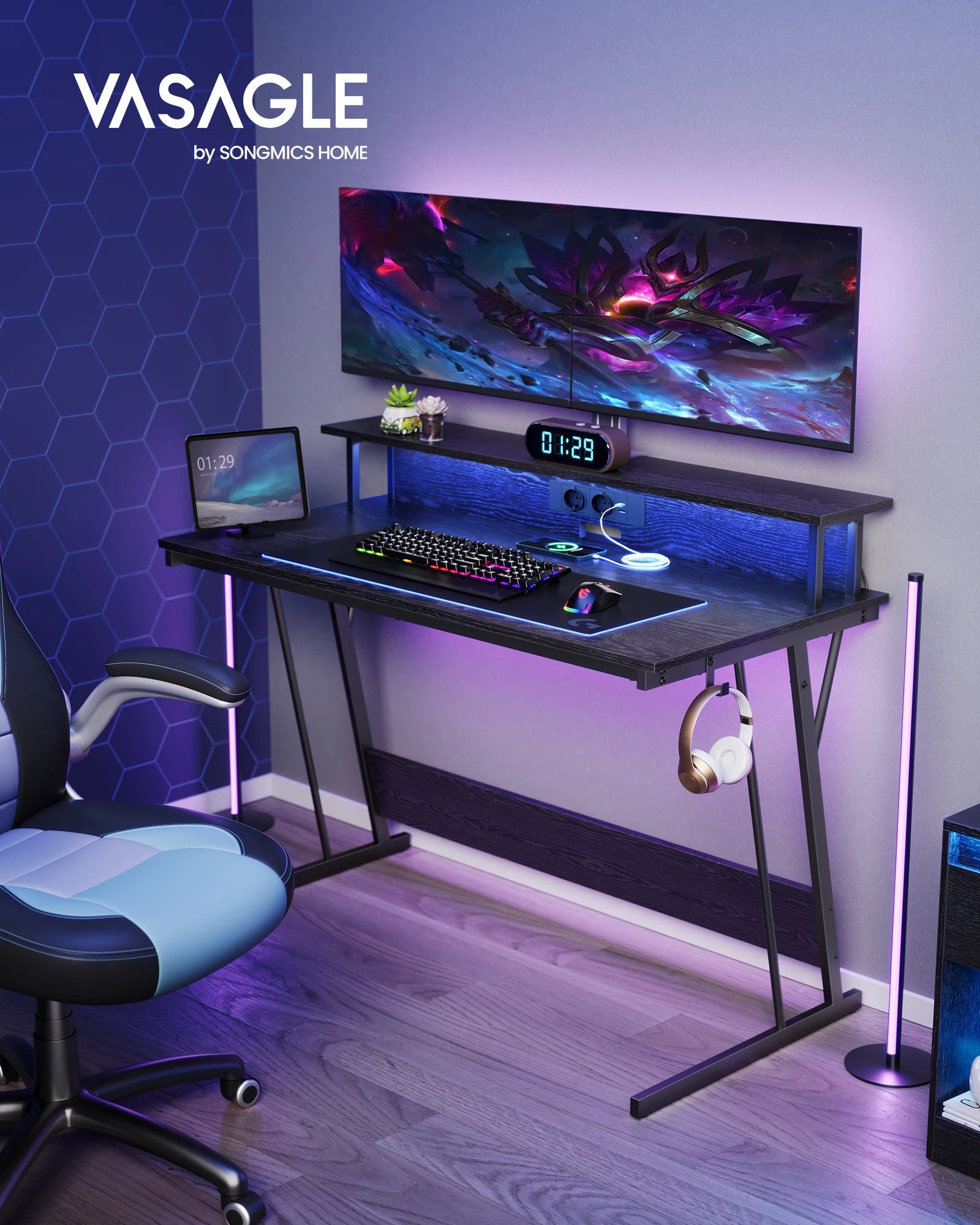 VASAGLE Gaming table, Gaming desk with LED Lighting and sockets Bar with Monitor Rise, Black