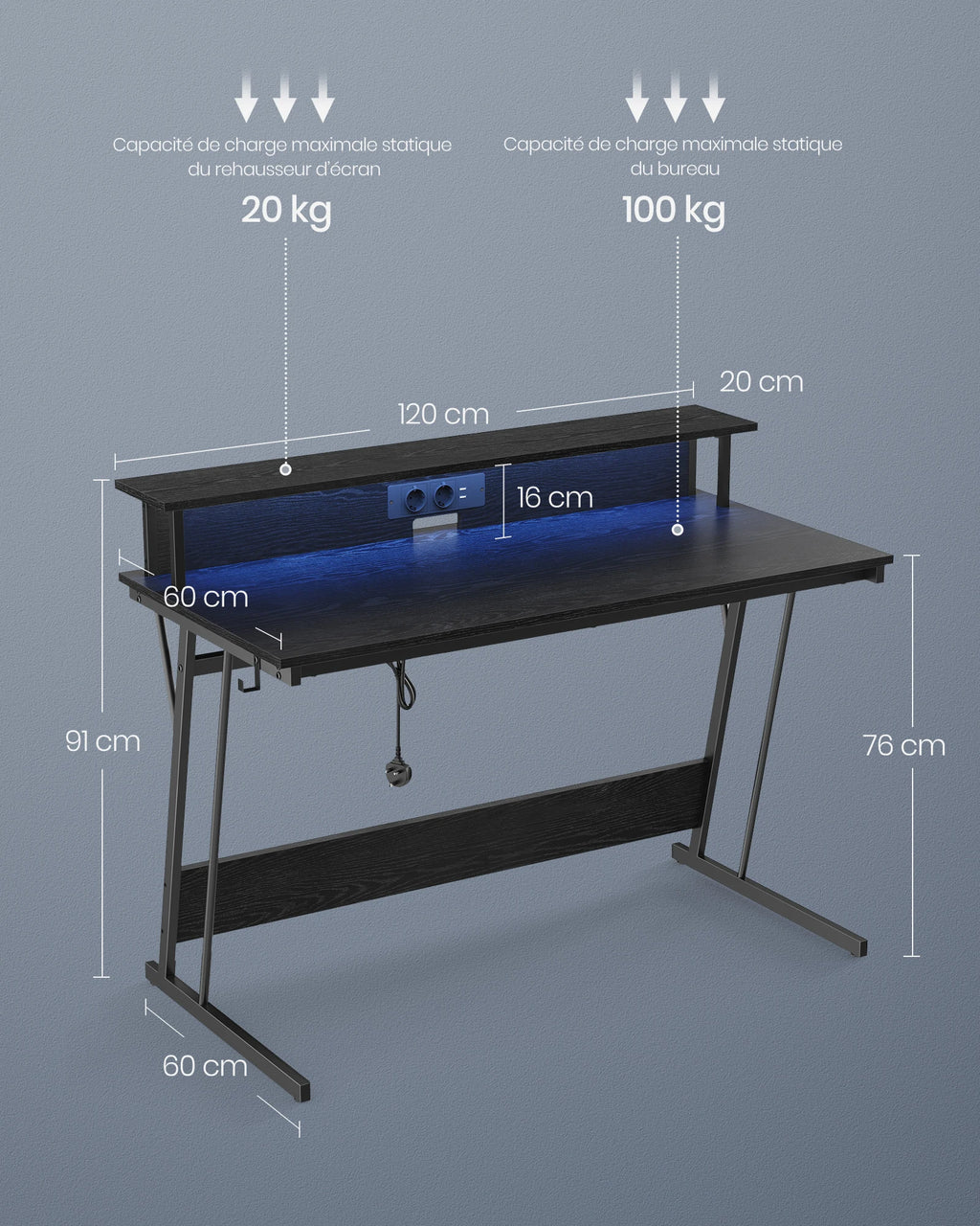 VASAGLE Gaming table, Gaming desk with LED Lighting and sockets Bar with Monitor Rise, Black