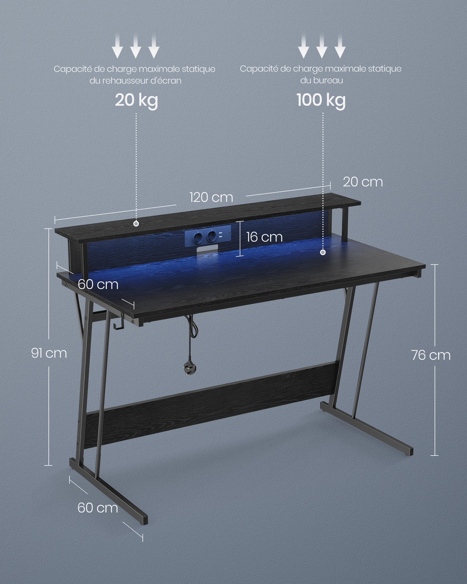 VASAGLE Gaming table, Gaming desk with LED Lighting and sockets Bar with Monitor Rise, Black