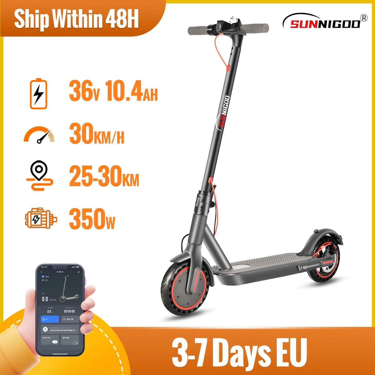 SUNNIGOO N7PRO 350W Adult Electric Scooter With APP 36V 10.4Ah Escooter 30km/h Kick Scooter Lightweight Long Range 30km Scooter