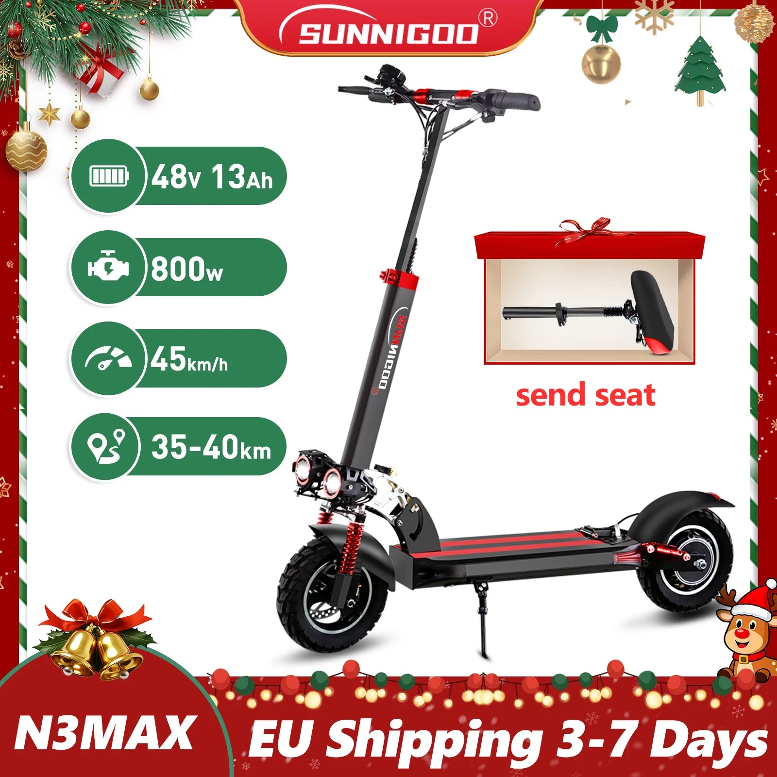 SUNNIGOO Electric Scooter For Adult 10 inch Off-Road 48V Lithium Battery Max Speed 45km/h Send Seat Foldable E Scooter