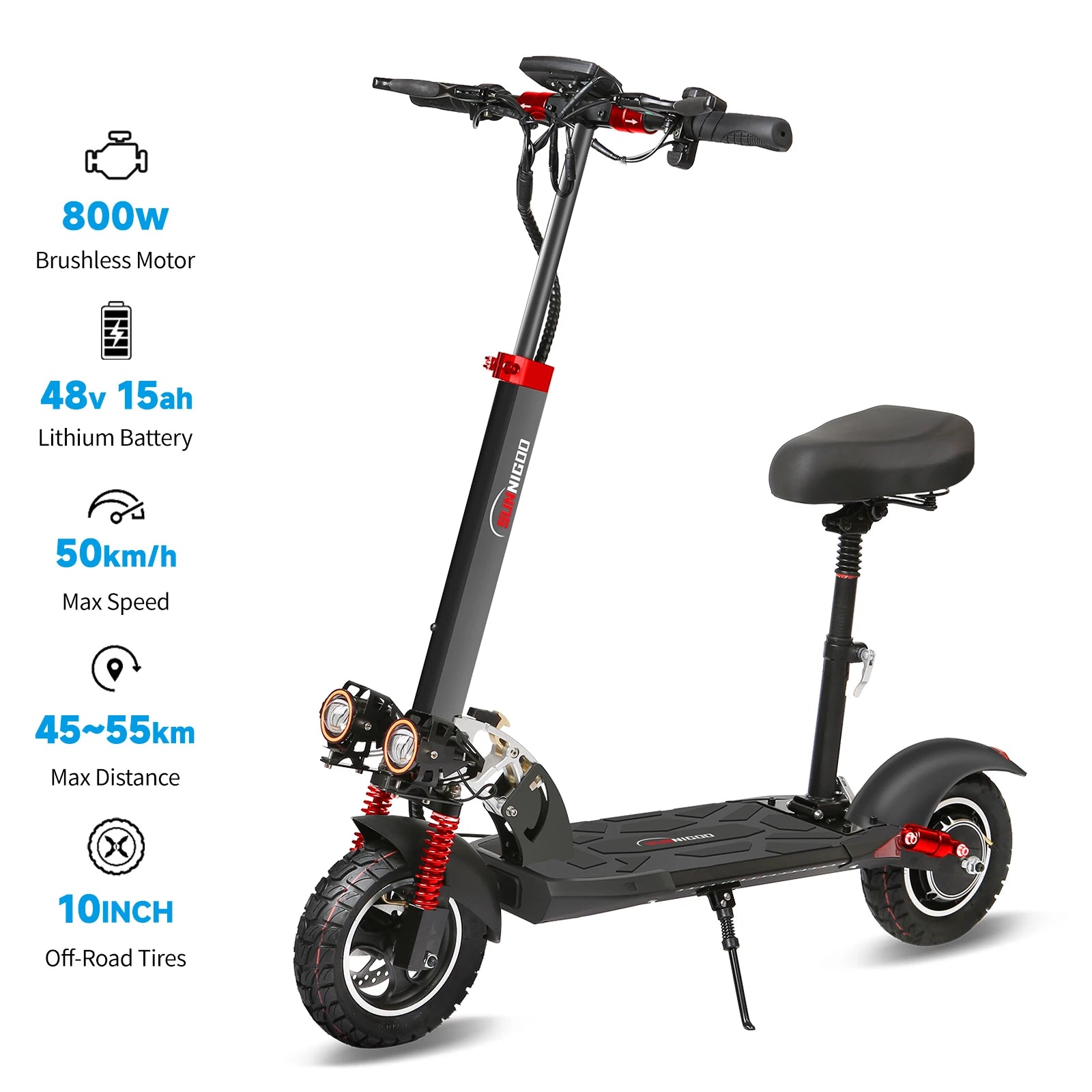 Electric Scooter Send Seat 800W Max Speed 45-50km/h Range 35-55km 10 inch Off-Road Tires Dual Shock Absorbing Folding EScooter