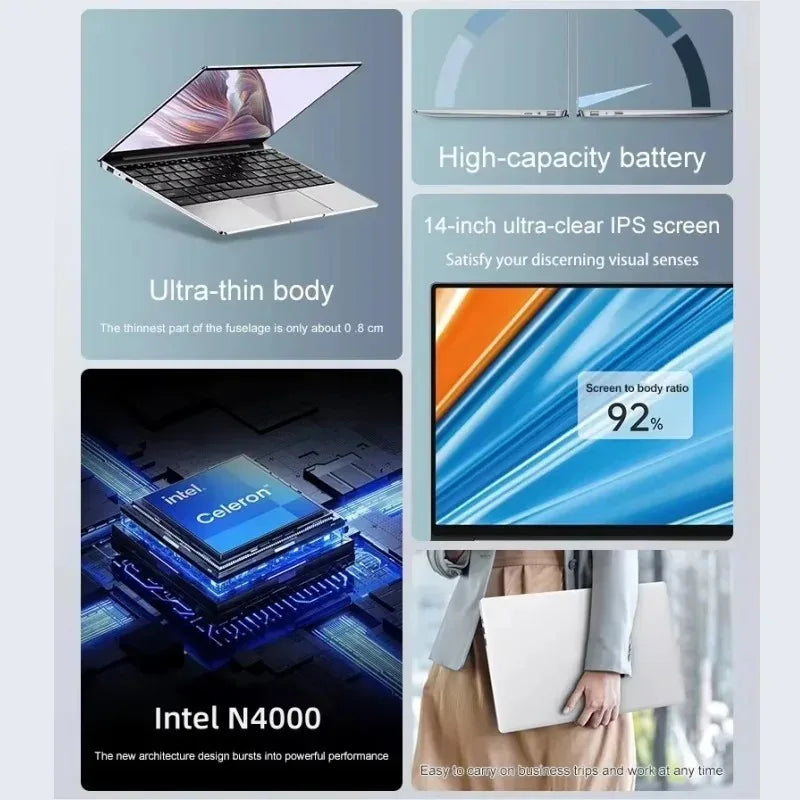 14.1" laptop Notebook Windows 11 intel Atom A3950 Laptop Computer 12GB RAM 2TB SSD 1920*1080P learning Notebook PC Computer