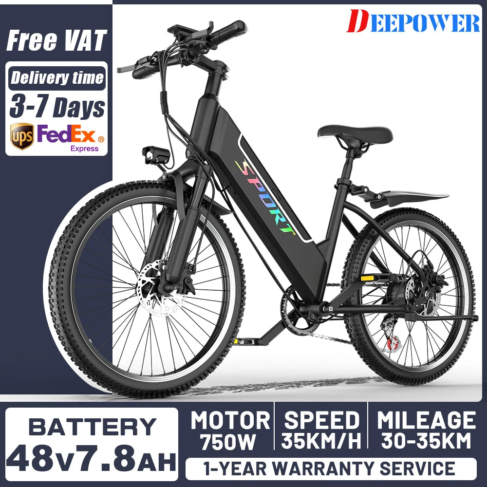 DEEPOWER F26 Electric Bike 750W 48V 10AH Battery Off-Road Adults commuting Ebike Max speed 35KM/H All-Terrain Motorcycle Ebike