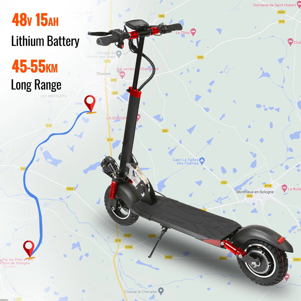 800W Powerful Electric Scooter 48V 15Ah Max Speed 50km/h 50km Range 10'' Tires Dual Shock Absorbing Folding EScooter for Adults