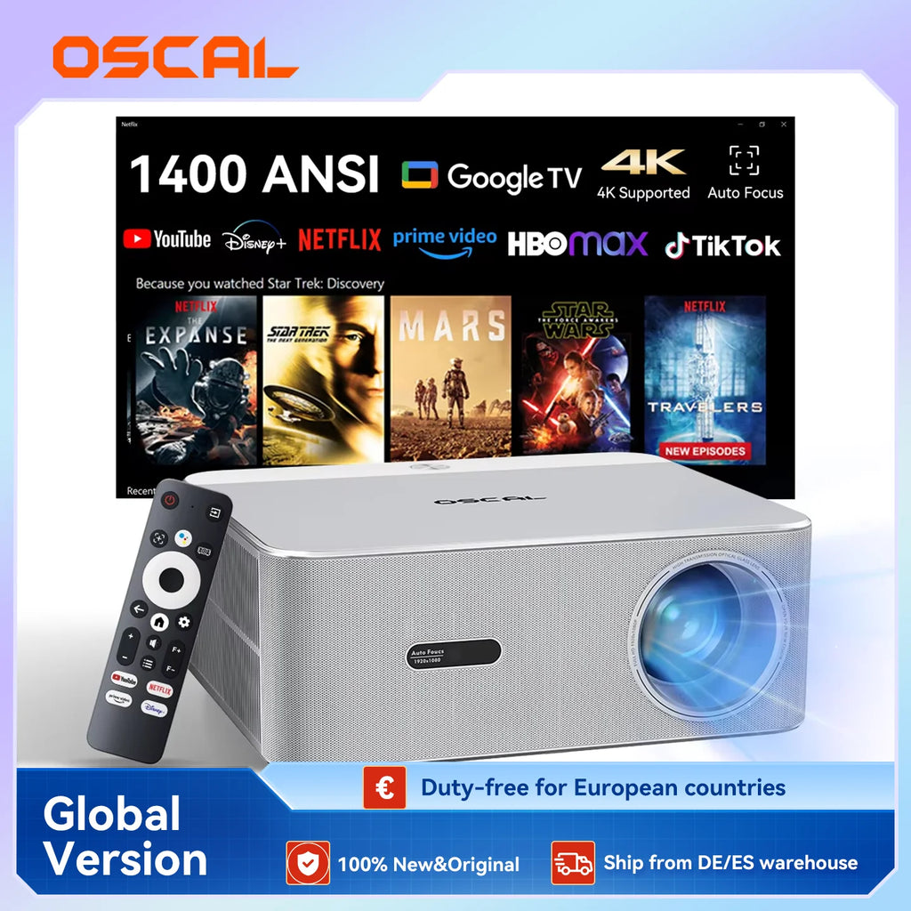 Oscal PV800 Pro Mini Projector 200" 1400 Lumens 4K 1080P LED Home Theater Projector Support AI Voice Control Google TV & Netflix