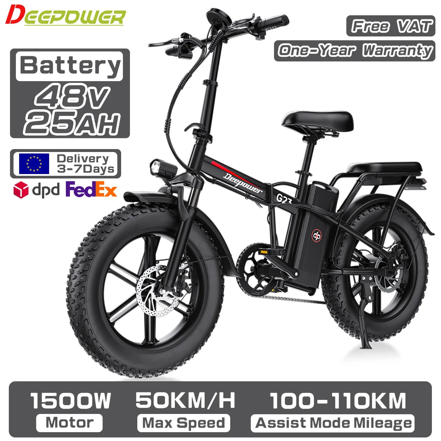 DEEPOWER G23 Electric Bike 1500W Motor 48V 35AH lithium battery Adult Electric Bicycle 20*4.0 -In Fat fire Mountain e-Bike