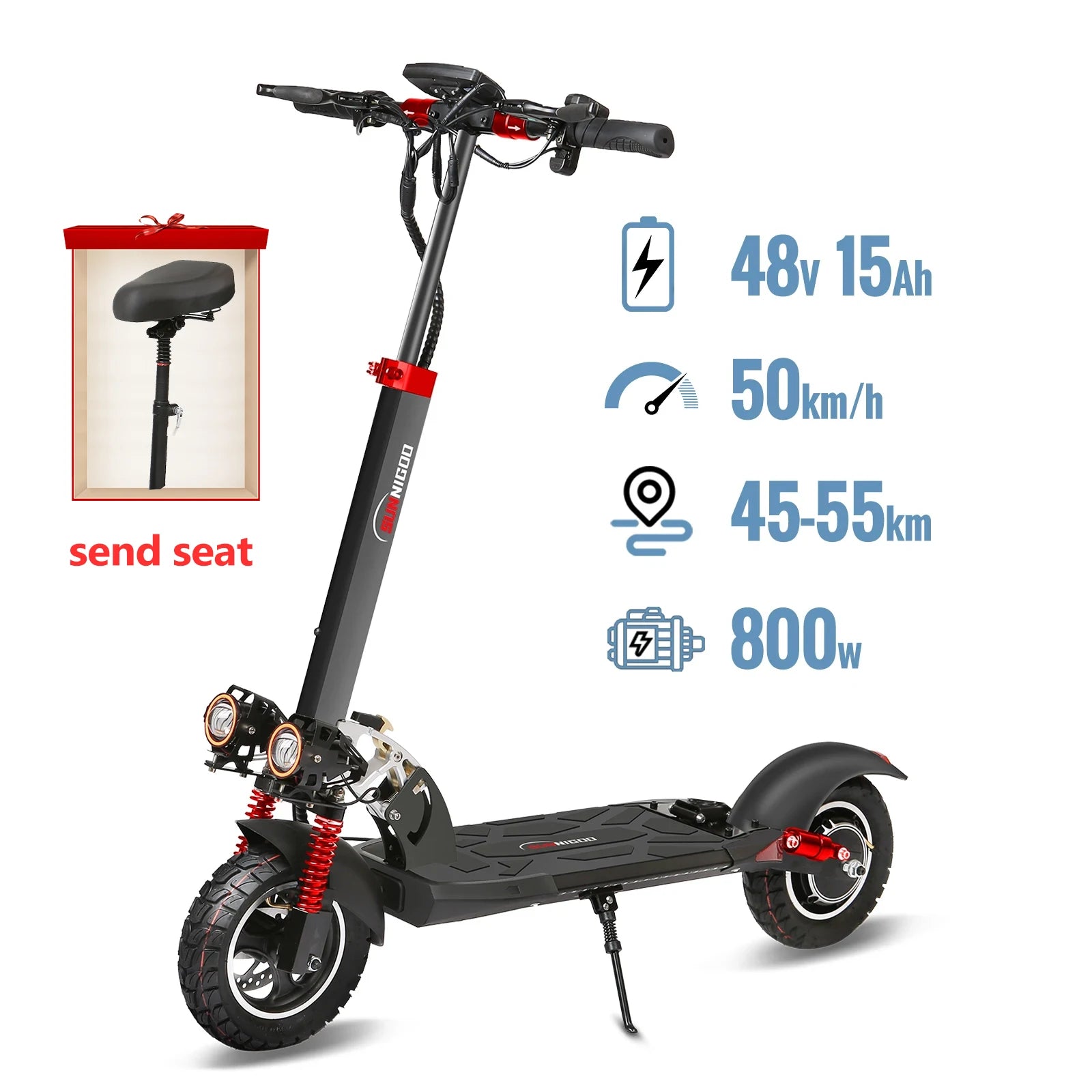 Electric Scooter Send Seat 800W Max Speed 45-50km/h Range 35-55km 10 inch Off-Road Tires Dual Shock Absorbing Folding EScooter