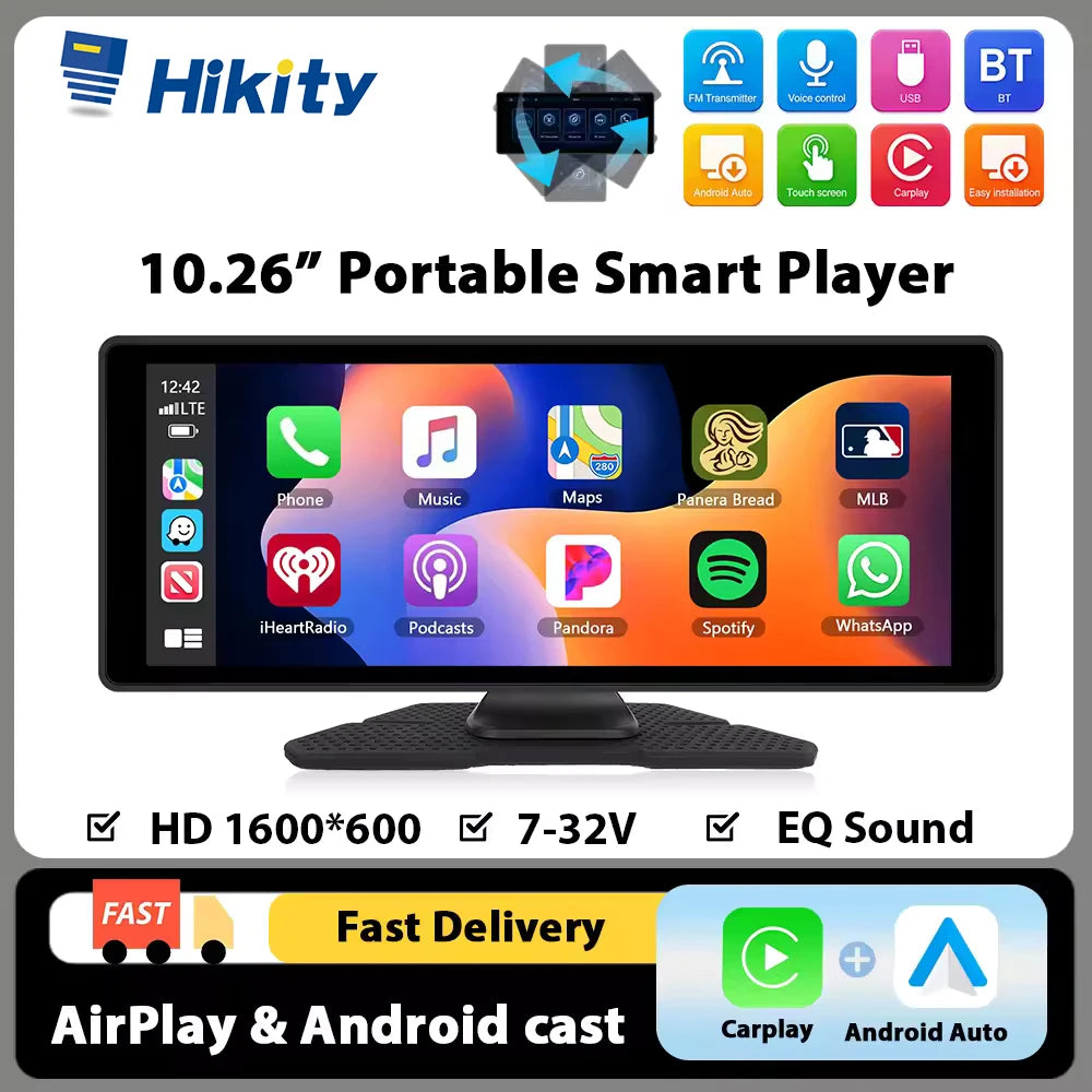 Hikity 10.26 Inch Portable Smart Player Carplay Android Auto Car Radio Bluetooth FM AUX Car Monitor Airplay Support CVBS Camera