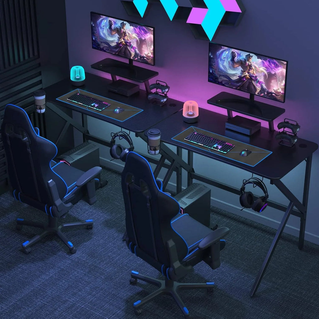 Bureau Gamer Informatique Ergonomique, Table Gaming, avec Porte-Gobelet, Crochet pour Casque et Support de Hauteur Amovible Noir