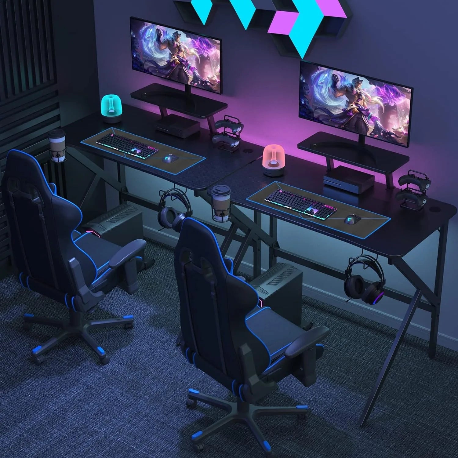 Bureau Gamer Informatique Ergonomique, Table Gaming, avec Porte-Gobelet, Crochet pour Casque et Support de Hauteur Amovible Noir