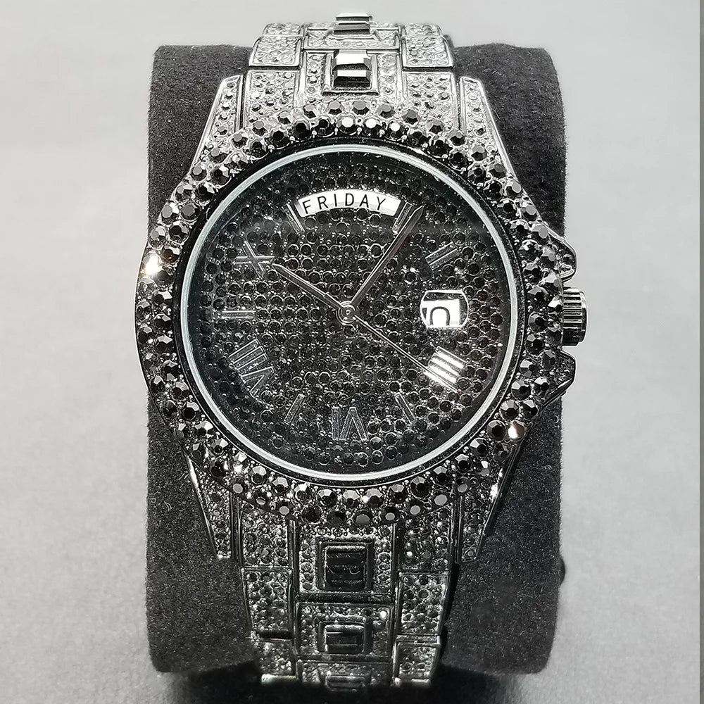 TikTok Hot Diamond Wristwatch For Men Luxury 18K Gold Plated Quartz Watches Day Date Nightclub Party Watch Unisex Rapper Jewelry