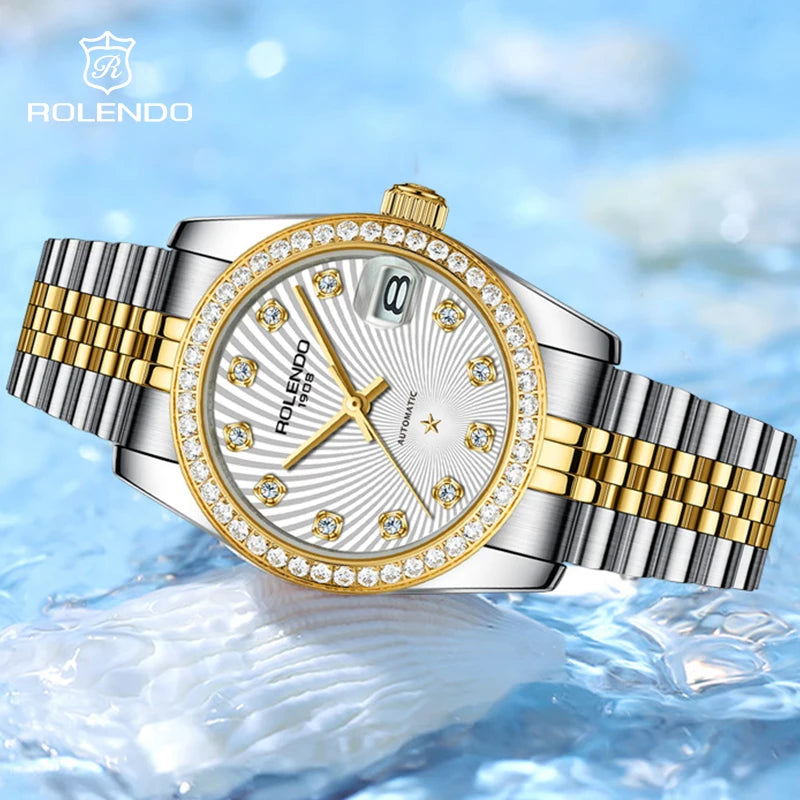 ROLENDO Women's Automatic Watch 32mm Sapphire Crystal Gold Tone Swiss Movement Waterproof Butterfly Buckle Luxury Gift