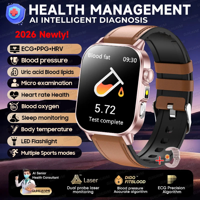 2026 New ECG+PPG Healthy Diagnose Smart Watch Men Body analysis Blood Pressure Lipid Uric Acid Women's Health Tracker Smartwatch