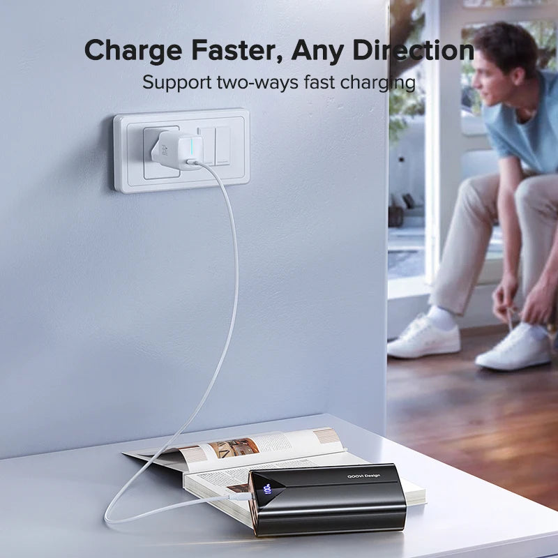 QOOVI 30000mah Power Bank 22.5W Fast Charging Built-in Cable External Large Battery Portable Charger For iPhone Samsung Xiaomi