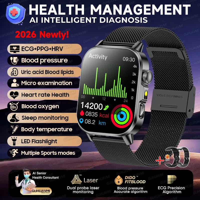 2026 New ECG+PPG Healthy Diagnose Smart Watch Men Body analysis Blood Pressure Lipid Uric Acid Women's Health Tracker Smartwatch