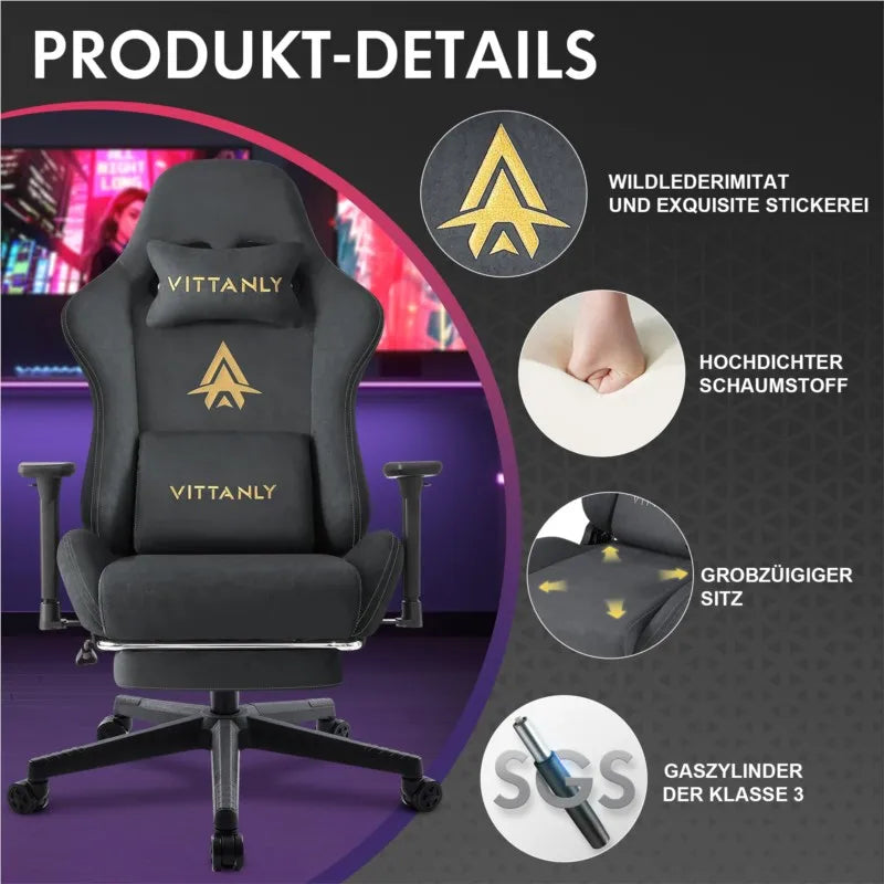 Kitinjoy Natural Suede Gaming Chair High Back Ergonomic Computer Chair With Footrest Reclining Adult Comfortable Office Chair