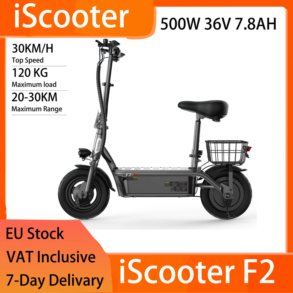 iScooter F2 10" Folding Electric Scooter - 500W 36V 7.8Ah, 30km/h, 25-30km Range, Seat & Basket, Disc Brake, Rear Drive