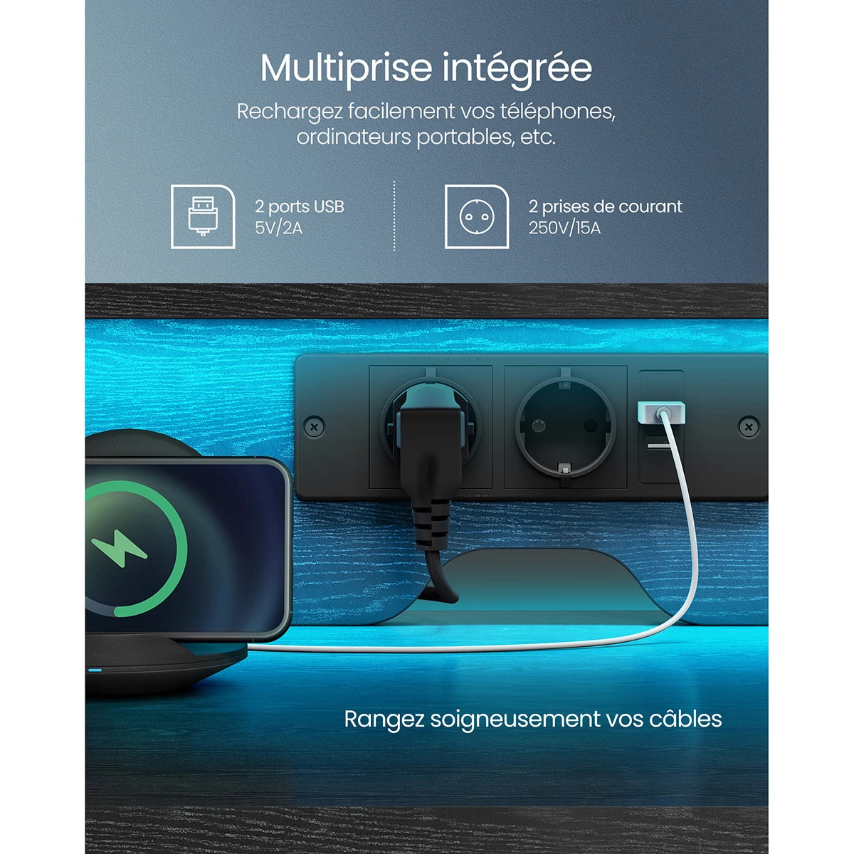 VASAGLE Gaming Desk with LED Lights and Power Strip, Computer Desk with Monitor Stand, Table with Storage, 2 Fabric Drawers