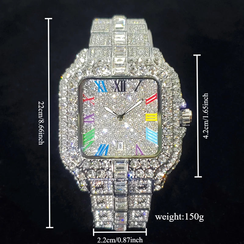 2025 New Luxury Diamond Watch Men Fashion Iced Out Square Colorful Number Watches Hip Hop Bling Jewelry Reloj Hombre for Party