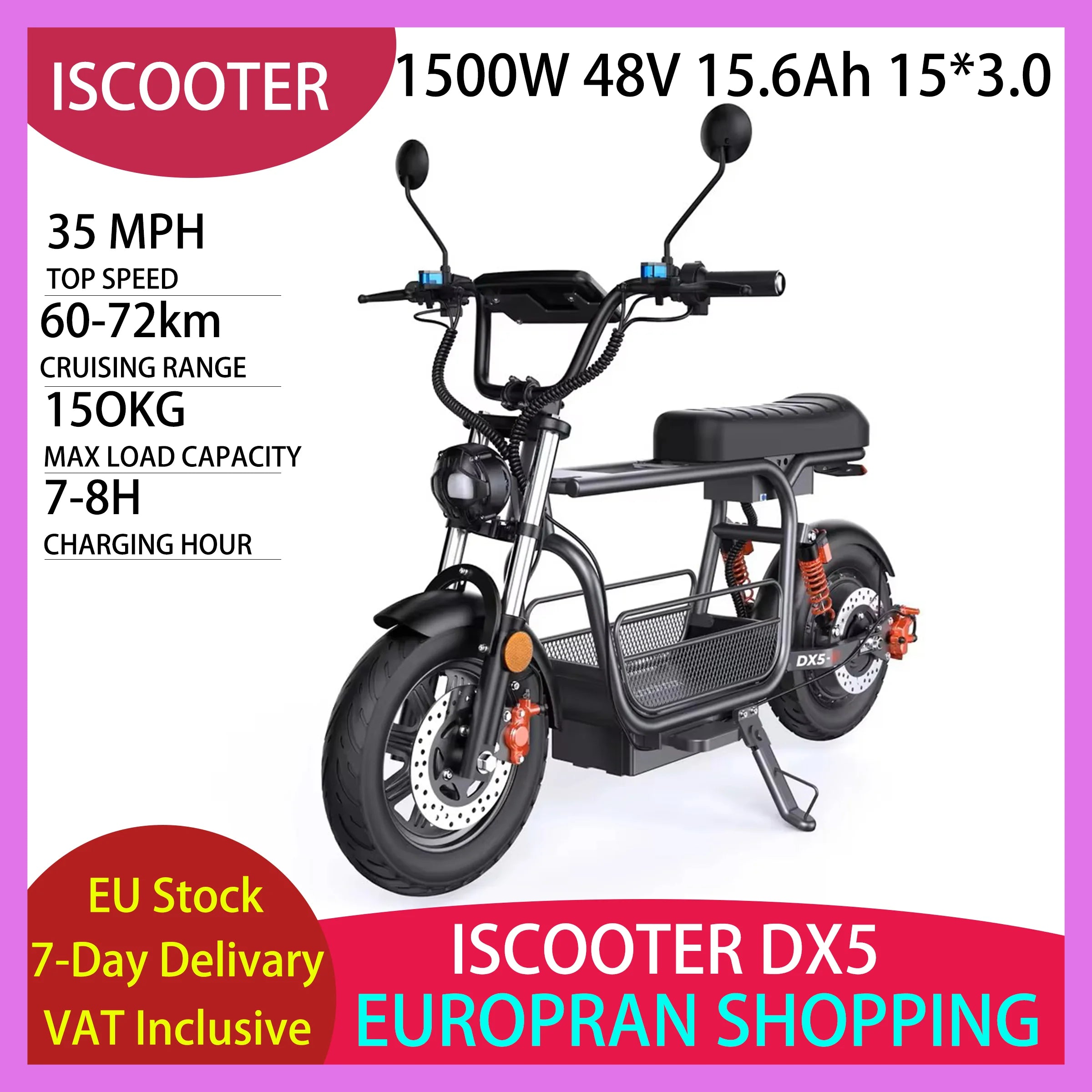 iScooter DX5 1500W 48V Non-Folding Electric Scooter 15.6Ah Durable Tires with Hydraulic Disc Brakes NFC Shopping E-Scooter