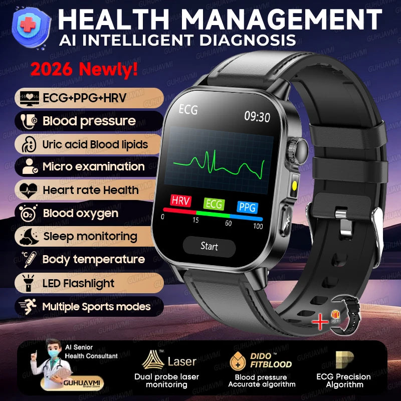 2026 New ECG+PPG Healthy Diagnose Smart Watch Men Body analysis Blood Pressure Lipid Uric Acid Women's Health Tracker Smartwatch