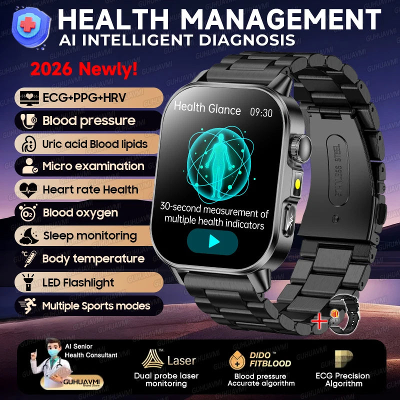2026 New ECG+PPG Healthy Diagnose Smart Watch Men Body analysis Blood Pressure Lipid Uric Acid Women's Health Tracker Smartwatch