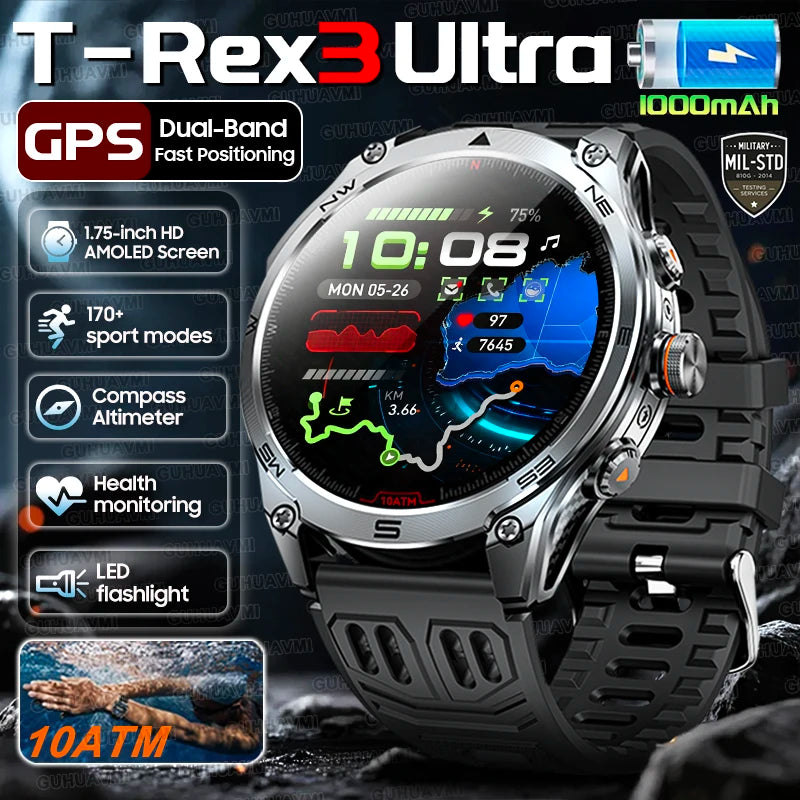 2025 New Military T-Rex 3 Ultra GPS Smart Watch 1000mAh Battery 10ATM Waterproof Compass Flashlight Sports trackr Smartwatch Men