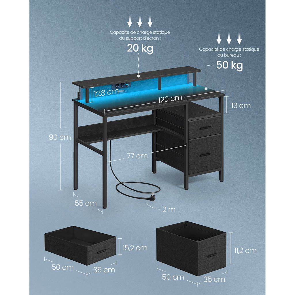VASAGLE Gaming Desk with LED Lights and Power Strip, Computer Desk with Monitor Stand, Table with Storage, 2 Fabric Drawers