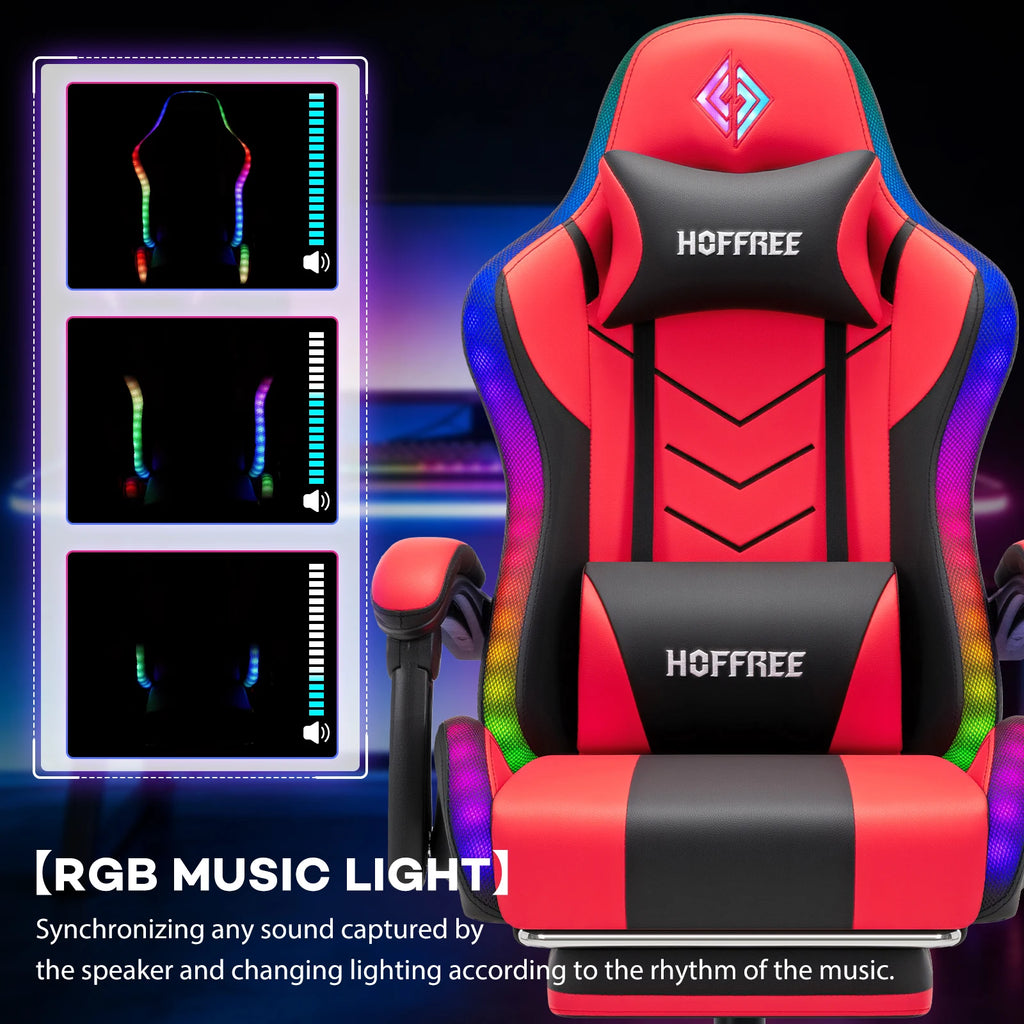 300lbs Load RGB Gaming Chair with Speakers Ergonomic Massage Computer Gaming Chair with LED Lights and Footrest High Back Video