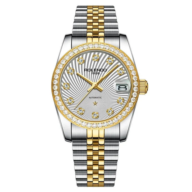 ROLENDO Women's Automatic Watch 32mm Sapphire Crystal Gold Tone Swiss Movement Waterproof Butterfly Buckle Luxury Gift