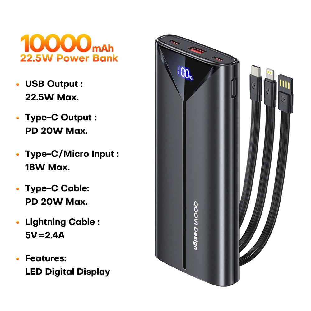 QOOVI 30000mah Power Bank 22.5W Fast Charging Built-in Cable External Large Battery Portable Charger For iPhone Samsung Xiaomi