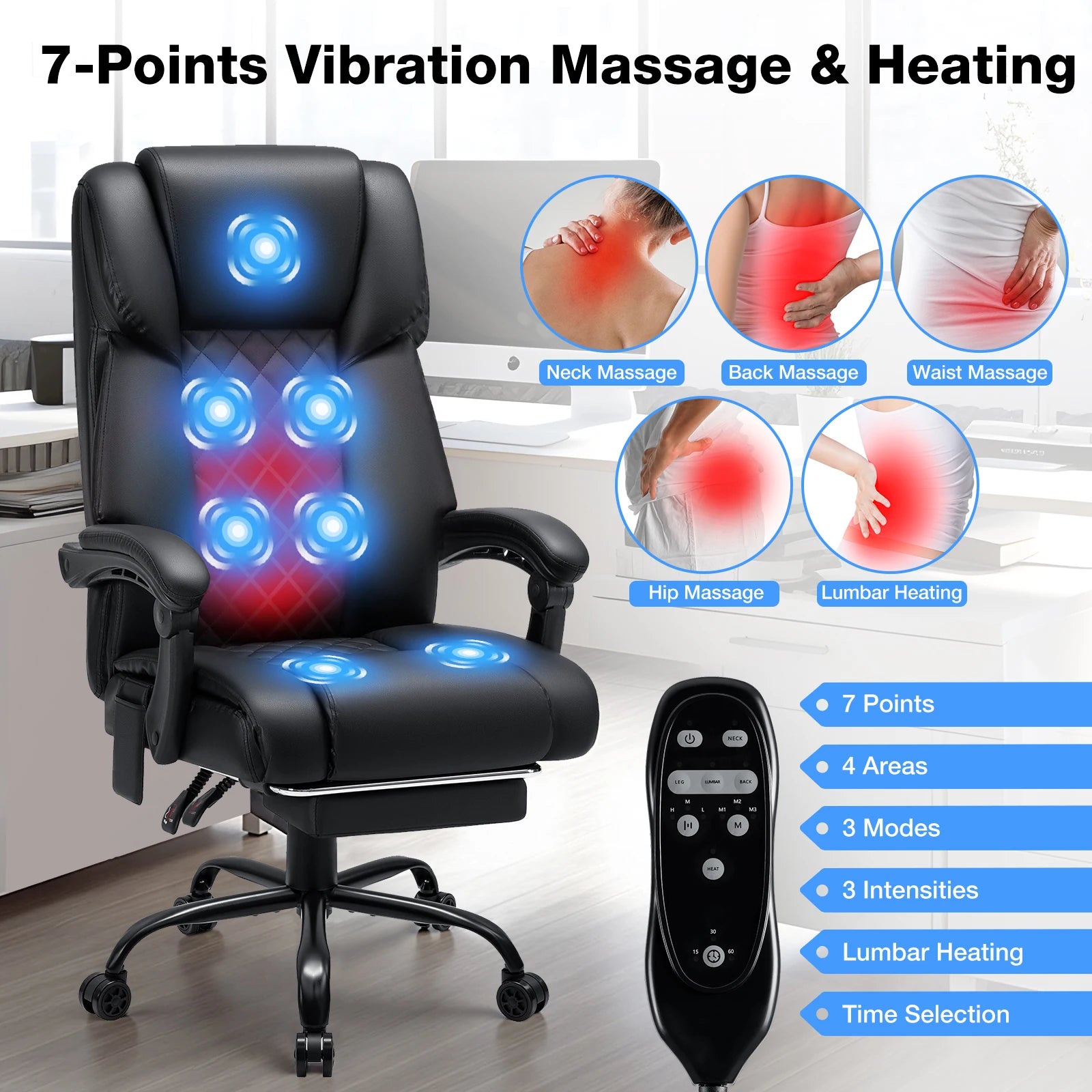 Gaming Chair Massage Office Chair Ergonomic with Heating and 7 Vibration Points Footrest, 200KG Load Capacity Executive Chair