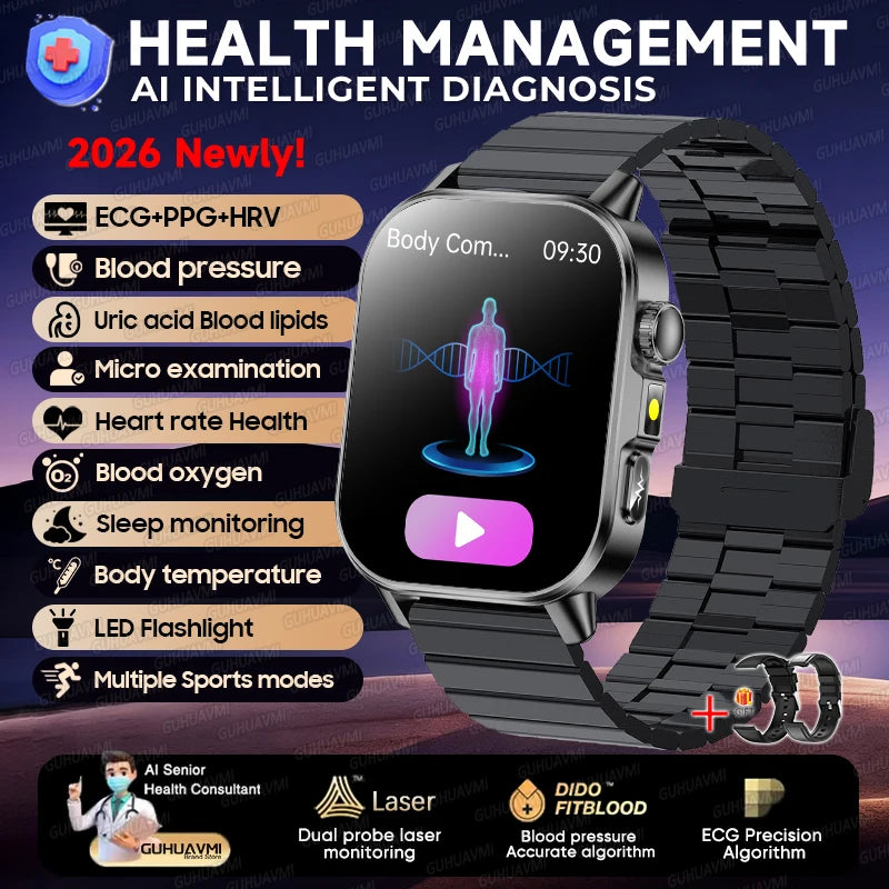2026 New ECG+PPG Healthy Diagnose Smart Watch Men Body analysis Blood Pressure Lipid Uric Acid Women's Health Tracker Smartwatch