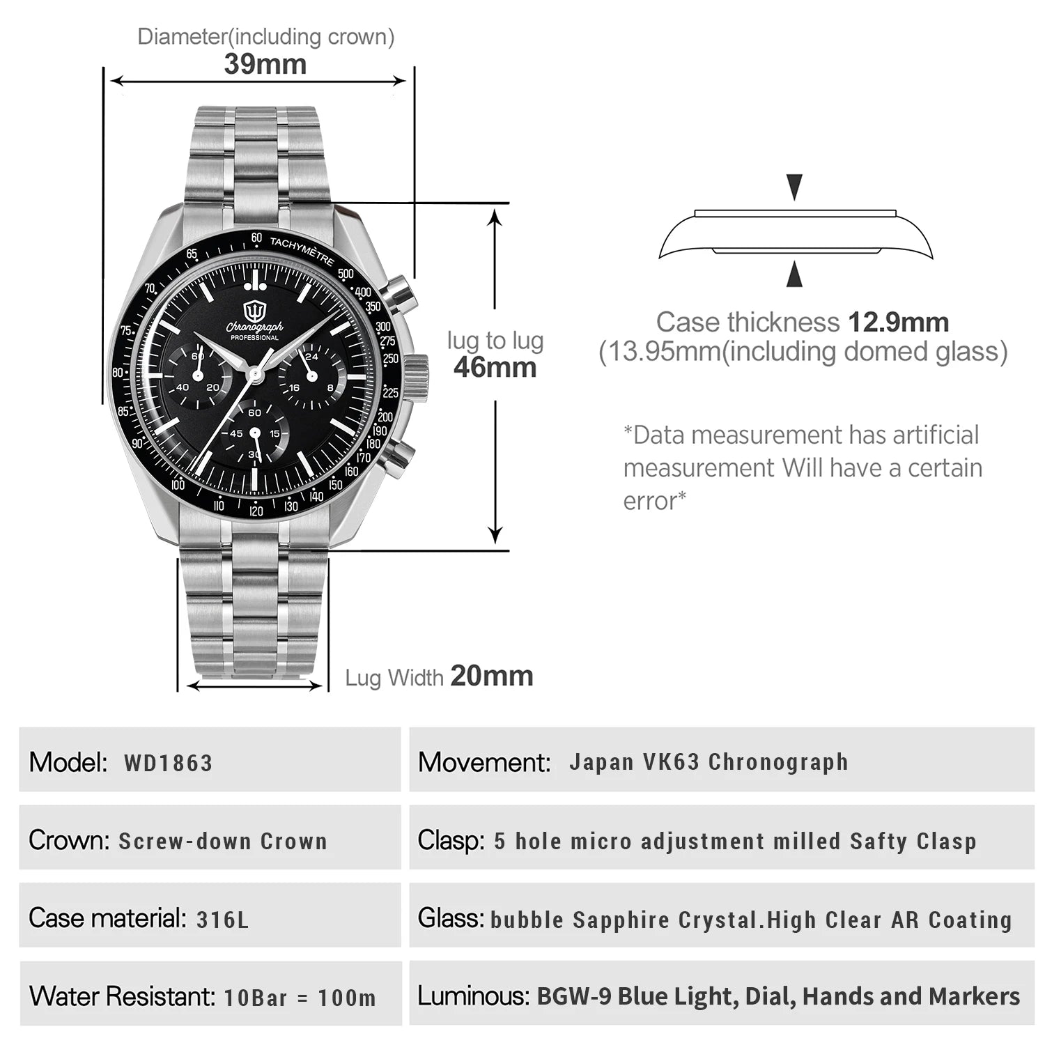 Watchdives New Wd1863 Quartz Men Watch VK63 Chronograph Bubble Sapphire Waterproof 39Mm Steel Top Brand Luxury Business Watch