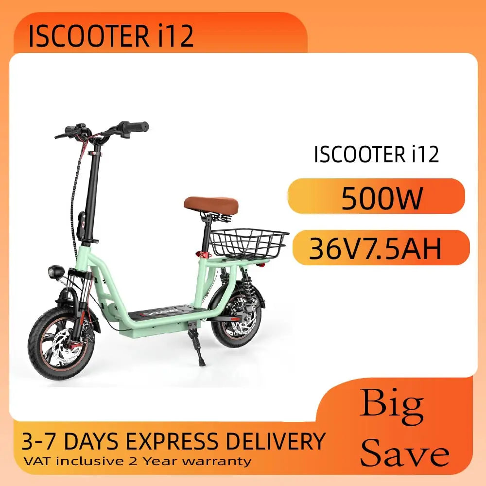 ISCOOTER I12 Adult Electric Scooter 500W Motor E- Scooter 36V7.5AH Battery 12 Inch Road Tire E-Scooter
