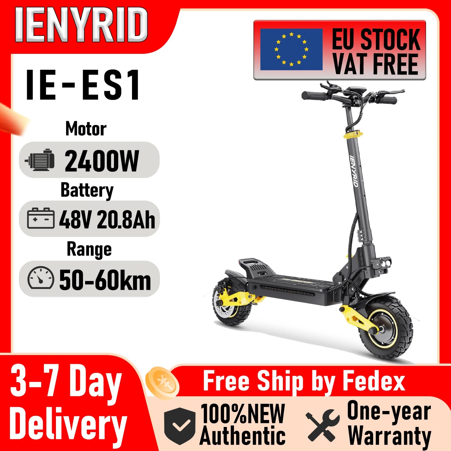 IENYRID ES1 Foldable Electric Scooter 2x1200W 48V 20.8Ah Lithium Battery 10-inch Tires E-Scooter 3 Speed Modes Motor Peak 3000W