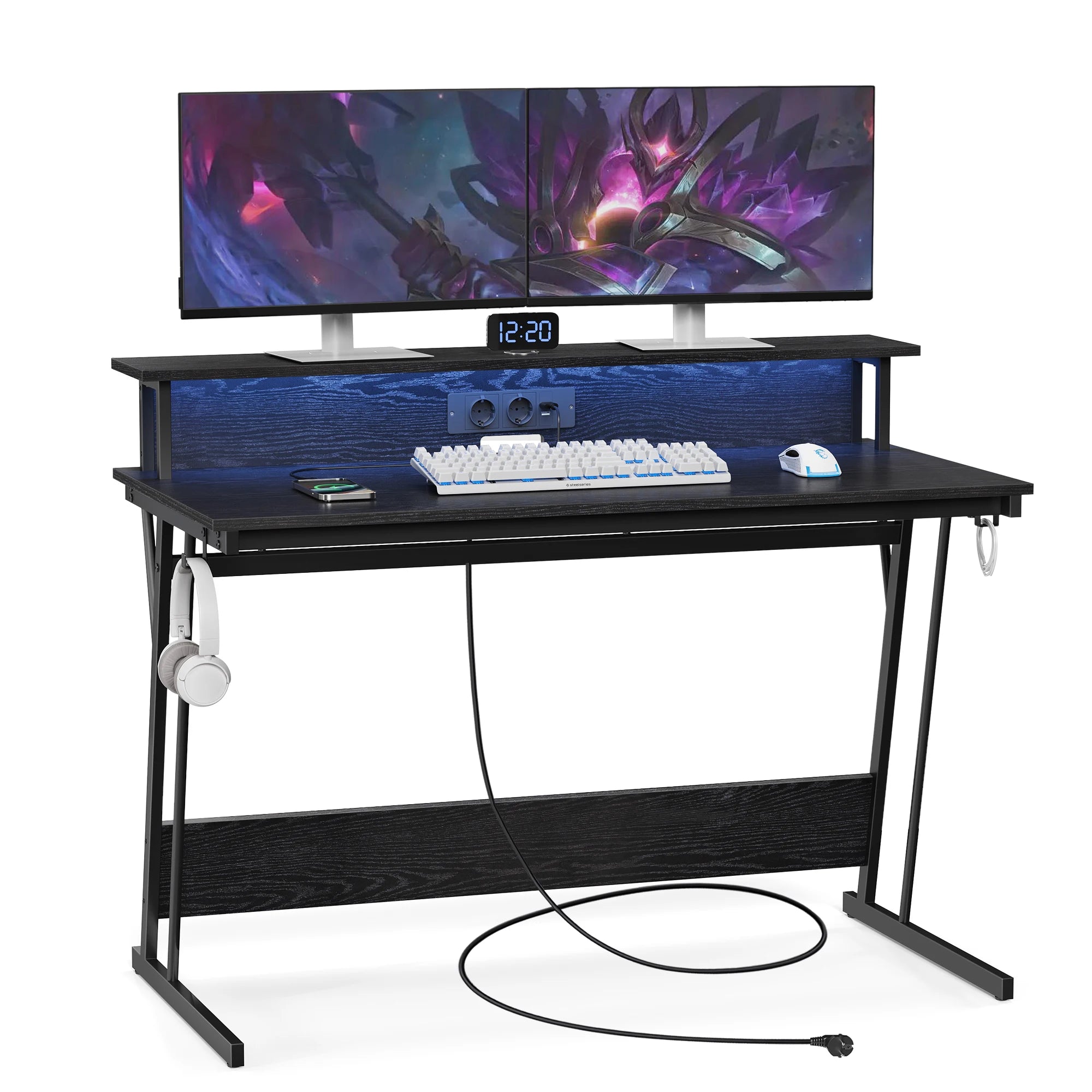 VASAGLE Gaming table, Gaming desk with LED Lighting and sockets Bar with Monitor Rise, Black