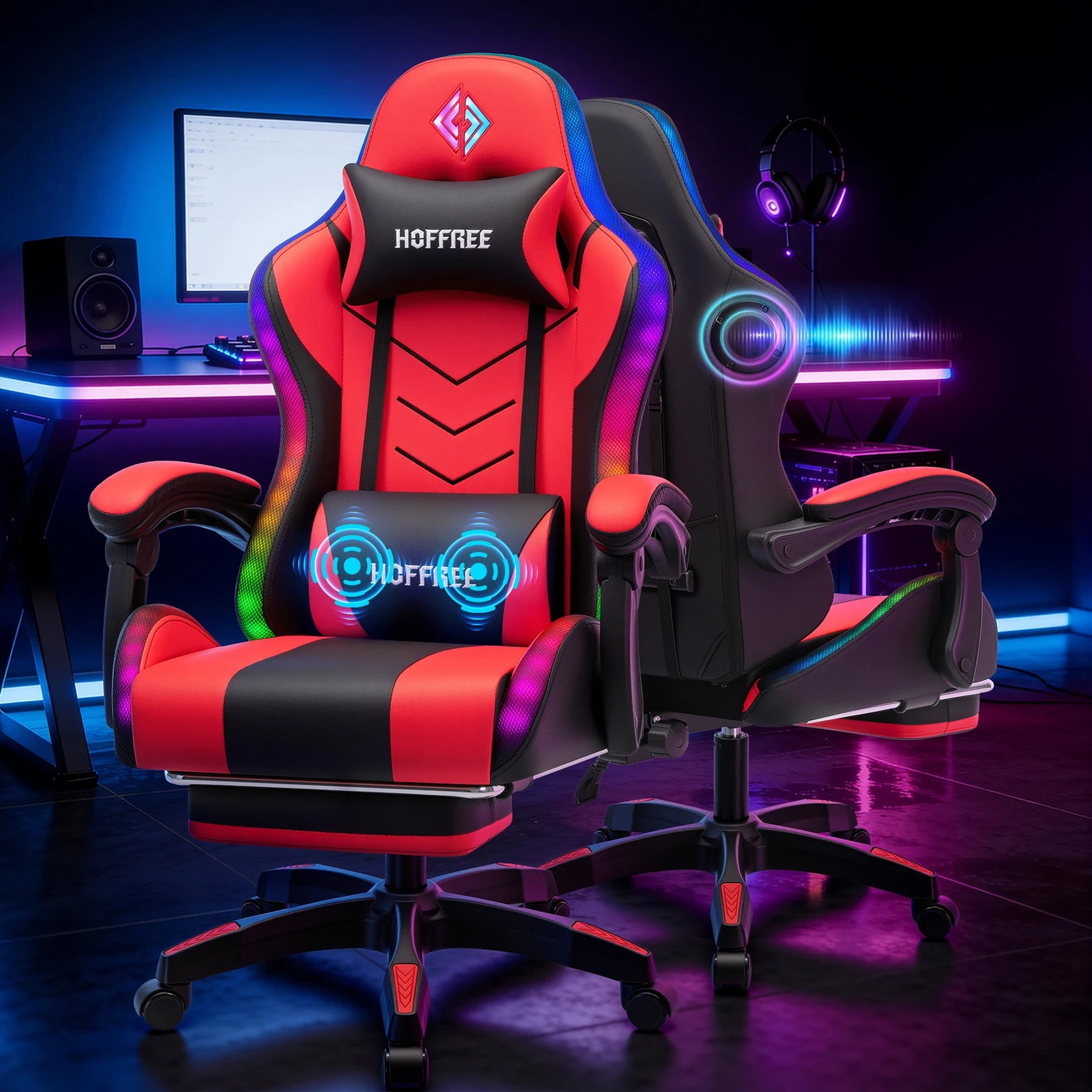 300lbs Load RGB Gaming Chair with Speakers Ergonomic Massage Computer Gaming Chair with LED Lights and Footrest High Back Video