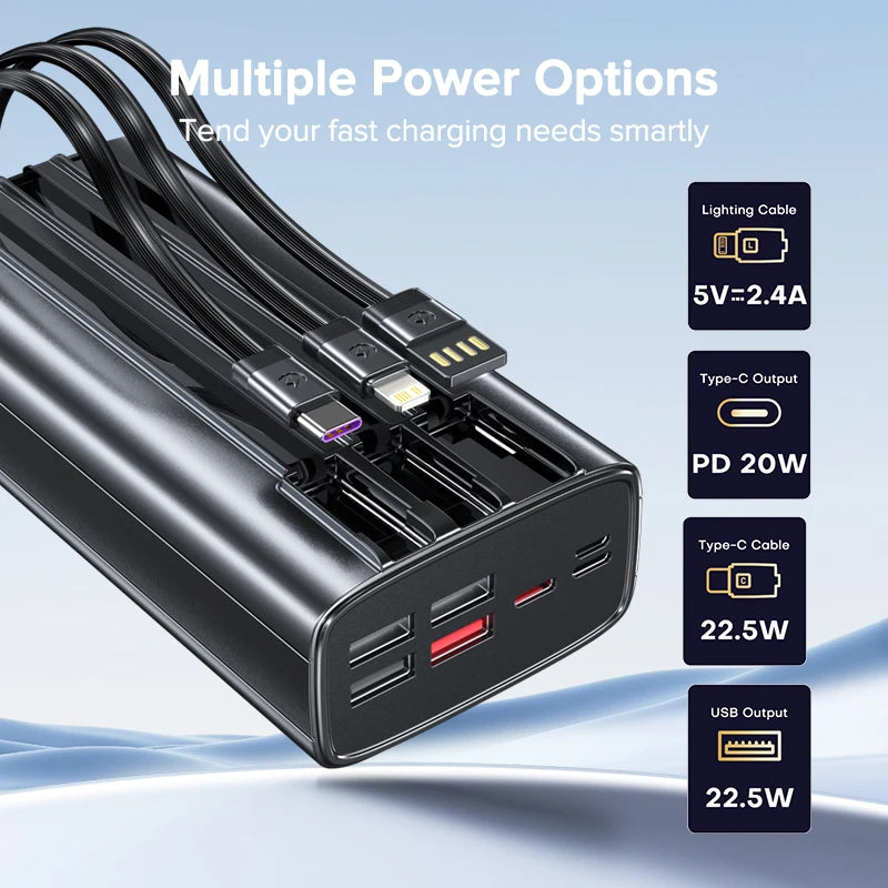 QOOVI 30000mah Power Bank 22.5W Fast Charging Built-in Cable External Large Battery Portable Charger For iPhone Samsung Xiaomi