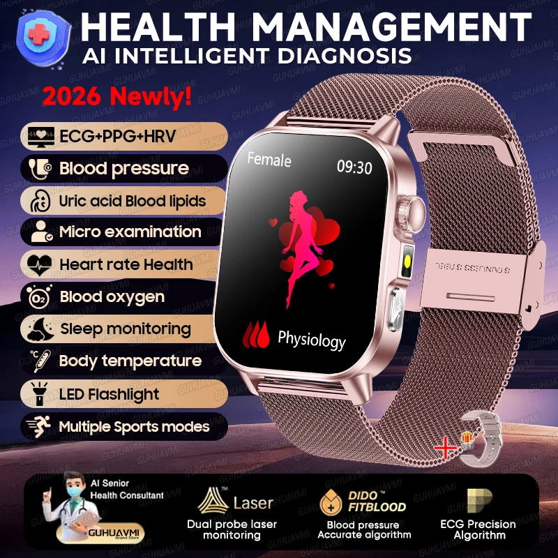 2026 New ECG+PPG Healthy Diagnose Smart Watch Men Body analysis Blood Pressure Lipid Uric Acid Women's Health Tracker Smartwatch