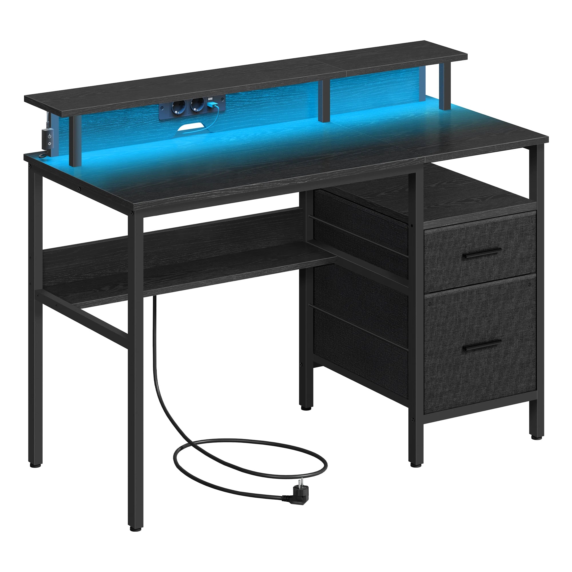 VASAGLE Gaming Desk with LED Lights and Power Strip, Computer Desk with Monitor Stand, Table with Storage, 2 Fabric Drawers