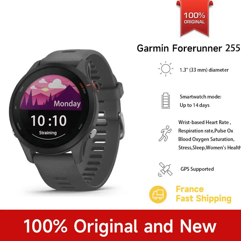 Garmin Forerunner 255 Sports Smartwatch 46mm 1.3'' Color Screen 14 Days Battery Life  RAM NFC Bluetooth  5ATM Waterproof