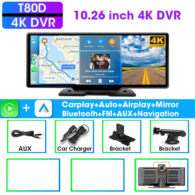 Srnubi 7/10.26" Wireless Carplay Screen for Car,Android Auto Dash Cam 4K Car DVR,1080P Rear Camera,Navigation Video Recorder,AUX