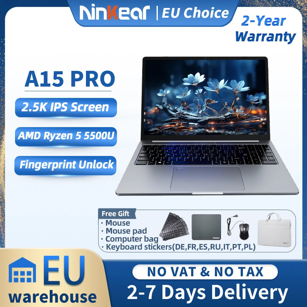 Ninkear A15 Pro Laptop 16" IPS 2.5K FHD AMD Ryzen 5 5500U Notebook 16G DDR4+1TB 54Wh Battery Windows 11 PRO Office Computer