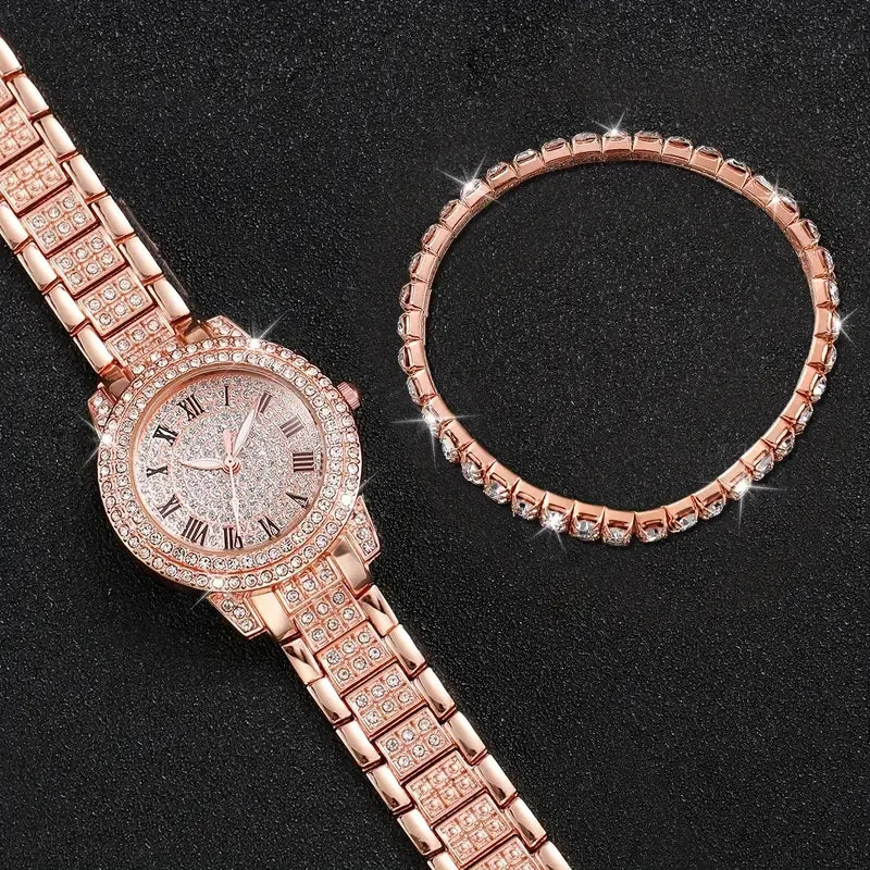 Luxury fashion alloy full diamond Roman quartz watch with double row diamond bracelet gift set