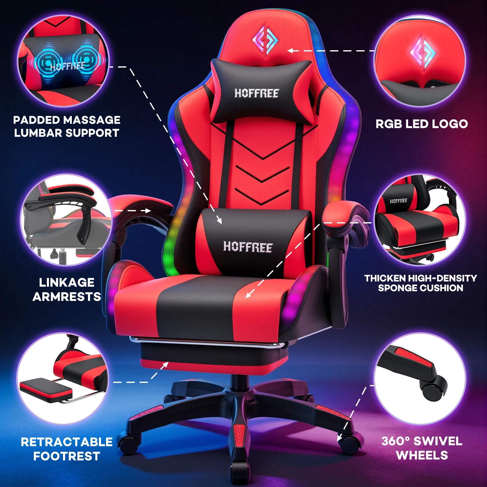 300lbs Load RGB Gaming Chair with Speakers Ergonomic Massage Computer Gaming Chair with LED Lights and Footrest High Back Video