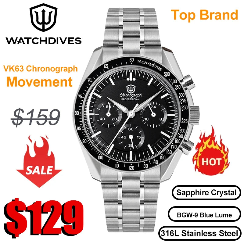 Watchdives New Wd1863 Quartz Men Watch VK63 Chronograph Bubble Sapphire Waterproof 39Mm Steel Top Brand Luxury Business Watch
